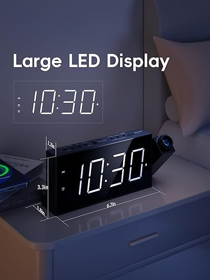 Orologio Sveglia Digitale a LED con Proiezione 180°, Doppi Allarmi, Luminosità Regolabile e Porta USB per Camera da Letto e Ufficio