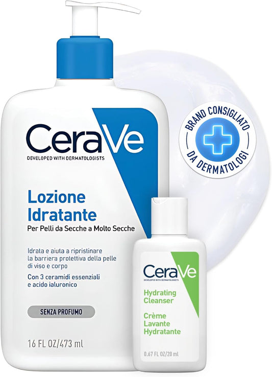 Cerave Kit Corpo E Viaggio, Lozione Idratante Viso E Corpo, per Pelle Secca, Con Acido Ialuronico 473 Ml + Detergente Idratante Viso Da Viaggio, per Pelli Da Normali a Secche, 20 Ml